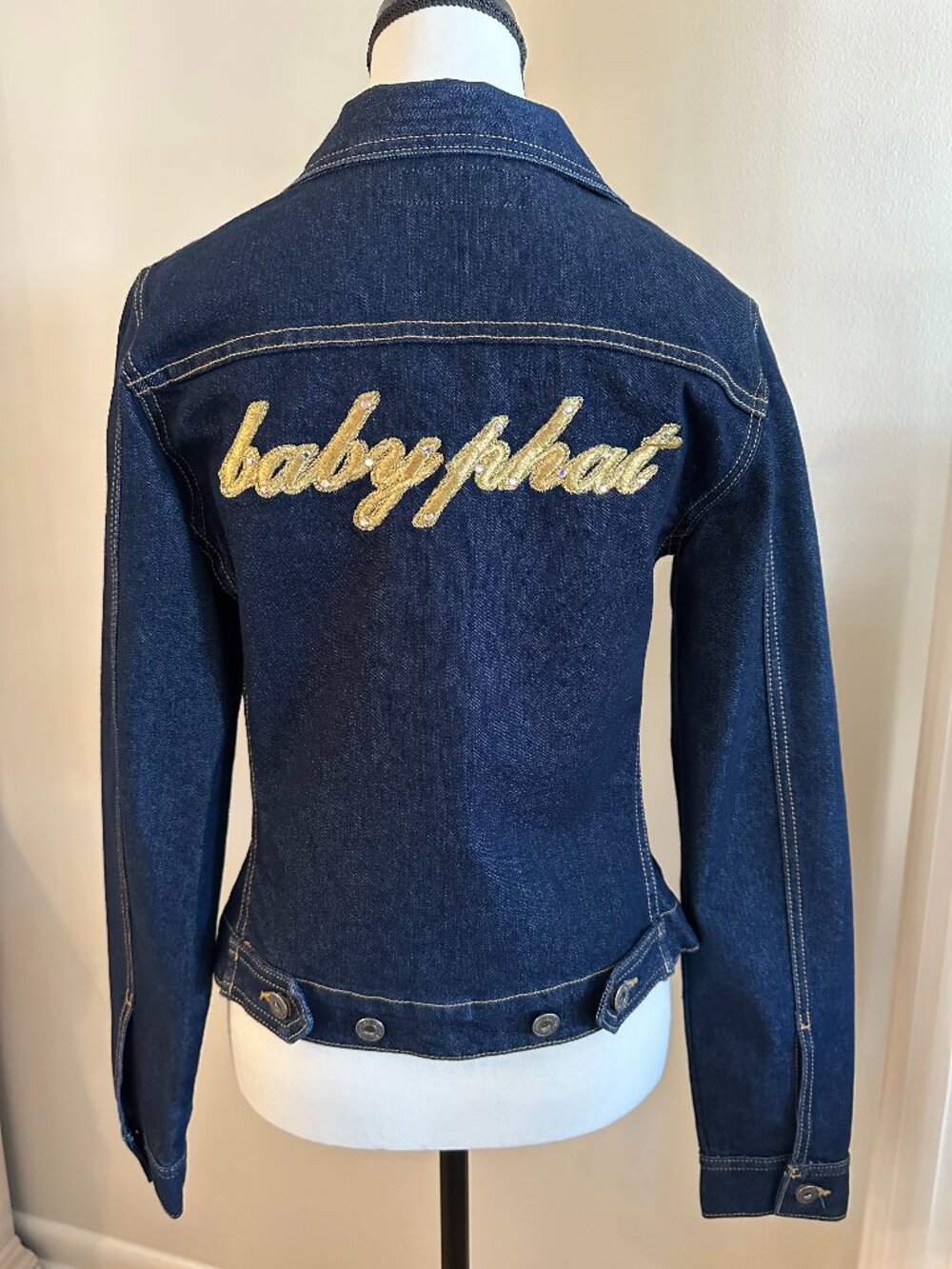 Baby Phat Y2K Dark Denim Jacket Gold Rhinestone Logo Size L McBling